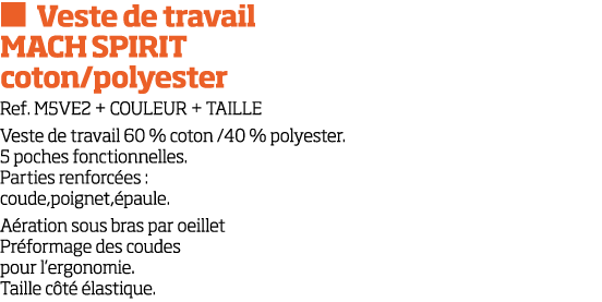   Veste de travail MACH SPIRIT coton polyester Ref  M5VE2 + COULEUR + TAILLE Veste de travail 60 % coton  40 % polyes   