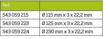 Ref ,,543 059 215,  115 mm x 3 x 22,2 mm,543 059 223,  125 mm x 3 x 22,2 mm,543 059 224,  230 mm x 3 x 22,2 mm