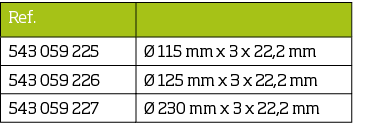 Ref ,,543 059 225,  115 mm x 3 x 22,2 mm,543 059 226,  125 mm x 3 x 22,2 mm,543 059 227,  230 mm x 3 x 22,2 mm