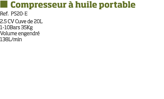   Compresseur   huile portable Ref  PS20-E 2 5 CV Cuve de 20L 1-10Bars 35Kg Volume engendr  138L min