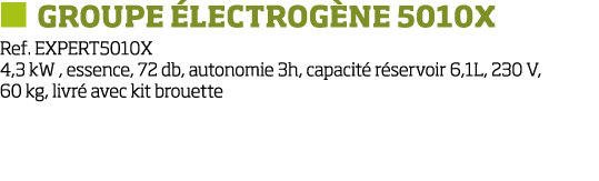   Groupe  lectrog ne 5010X Ref  EXPERT5010X 4,3 kW , essence, 72 db, autonomie 3h, capacit  r servoir 6,1L, 230 V, 60   
