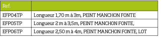 Ref ,,EFP04TP,Longueur 1,70 m   3m, PEINT MANCHON FONTE,EFP05TP,Longueur 2 m   3,5m, PEINT MANCHON FONTE,,EFP06TP,Lon   
