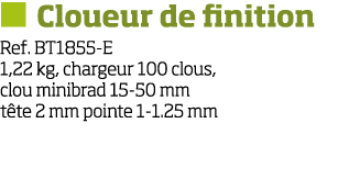   Cloueur de finition Ref  BT1855-E 1,22 kg, chargeur 100 clous, clou minibrad 15-50 mm t te 2 mm pointe 1-1 25 mm